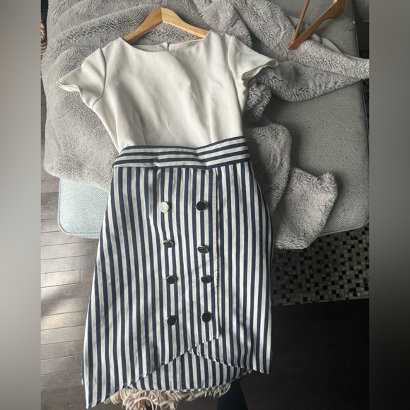 #32 Tie Back Stripe Button Dress nautical dress in cream and blue with bow - Picture 9 of 10